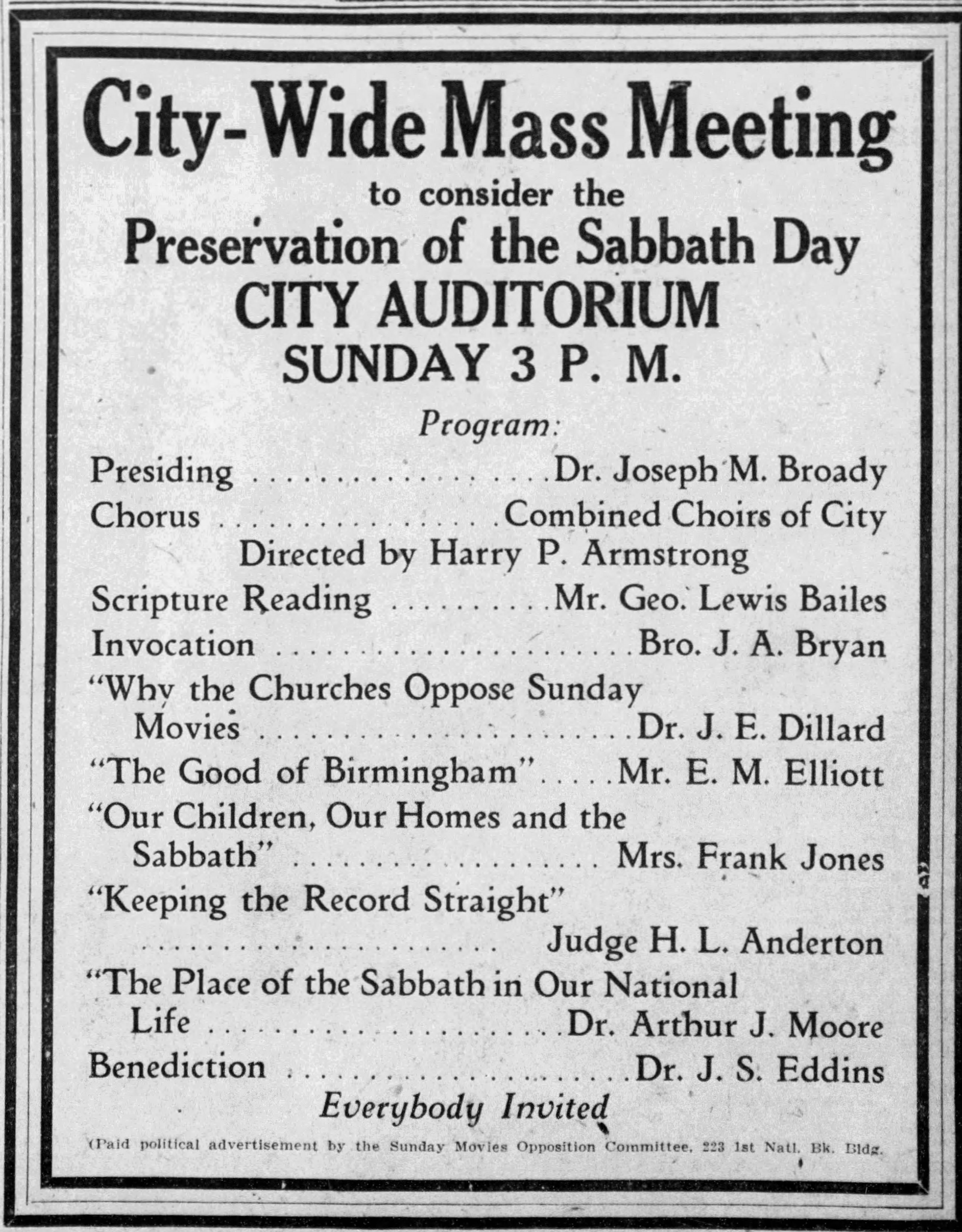 City-Wide Mass Meeting to consider the Preservation of the Sabbath